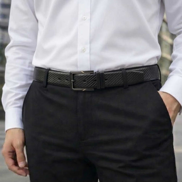 Mens 100% Genuine Leather Belt - STRAVON Ribbed Line Detail (Black & Brown Reversible)