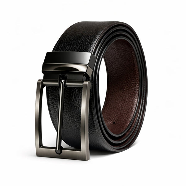 Mens 100% Genuine Leather Belt - STRIAX Fine Texture (Black & Brown Reversible)