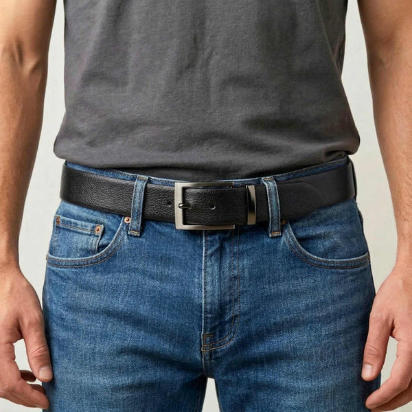 Mens 100% Genuine Leather Belt - STRIAX Fine Texture (Black & Brown Reversible)