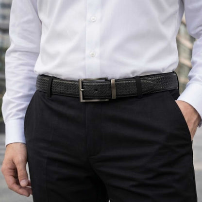 Mens 100% Genuine Leather Belt - STRIVO Dot Grid Emboss (Black & Brown Reversible) — Leather Belts for Men | THE MEN THING
