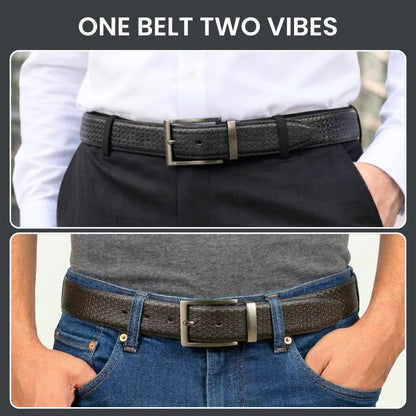 Mens 100% Genuine Leather Belt - STRIVO Dot Grid Emboss (Black & Brown Reversible) — Leather Belts for Men | THE MEN THING