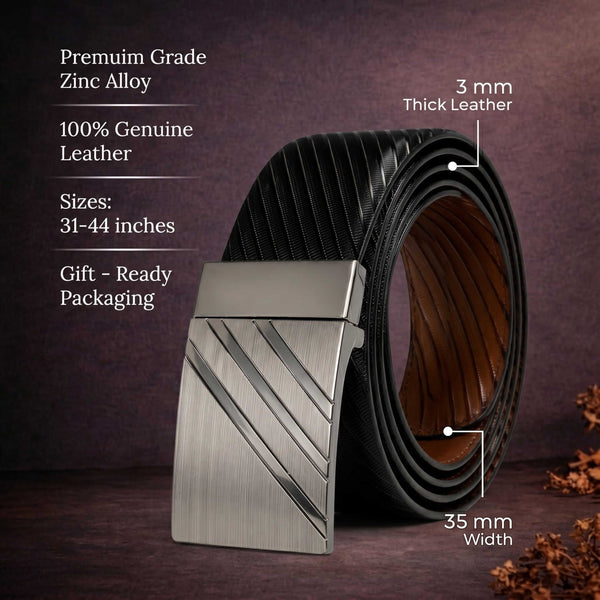 Mens 100% Genuine Leather Belt - STRYDEX Diagonal Rib Plate (Black & Brown Reversible)