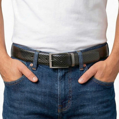 Mens 100% Genuine Leather Belt - STRYX Diagonal Rib Emboss (Black & Brown Reversible) — Leather Belts for Men | THE MEN THING