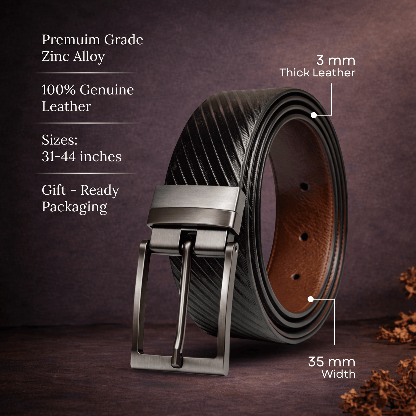 Mens 100% Genuine Leather Belt - STRYX Diagonal Rib Emboss (Black & Brown Reversible) — Leather Belts for Men | THE MEN THING
