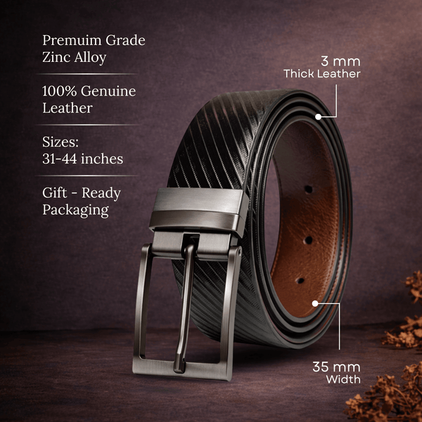 Mens 100% Genuine Leather Belt - STRYX Diagonal Rib Emboss (Black & Brown Reversible)
