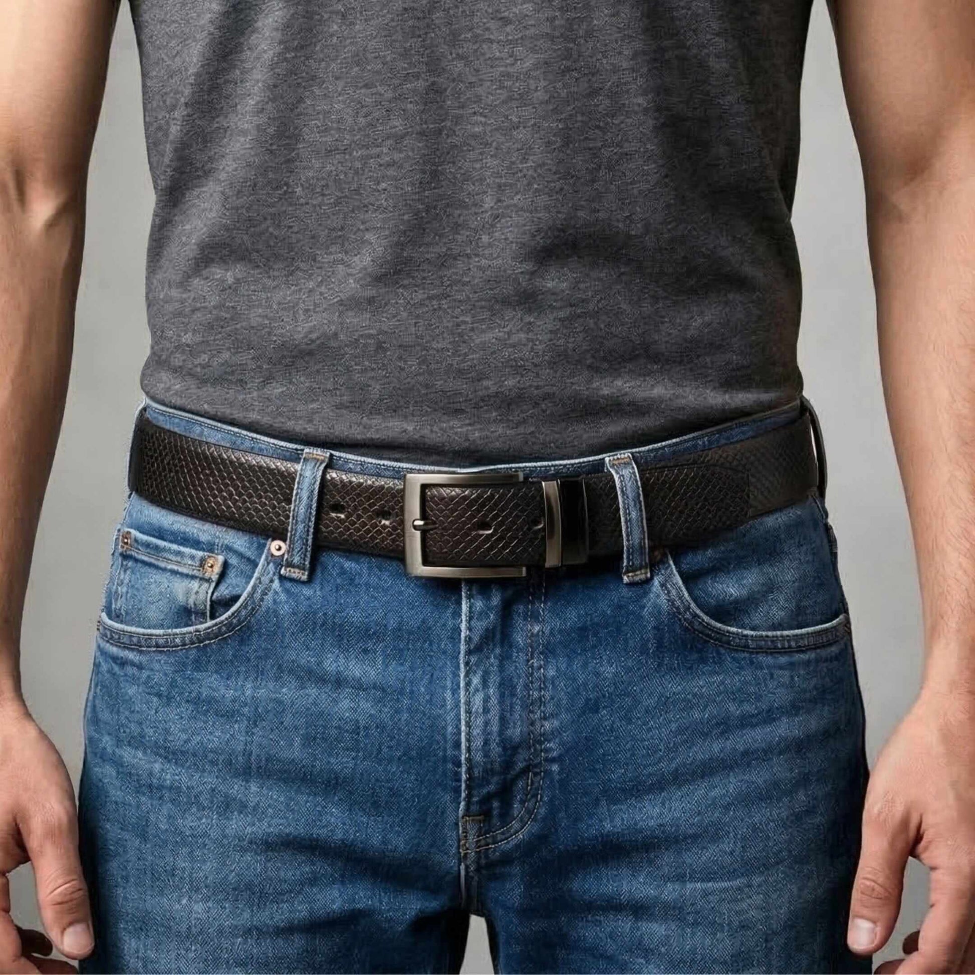 Mens 100% Genuine Leather Belt - STYLON Fine Grain Finish (Black & Brown Reversible) — Leather Belts for Men | THE MEN THING