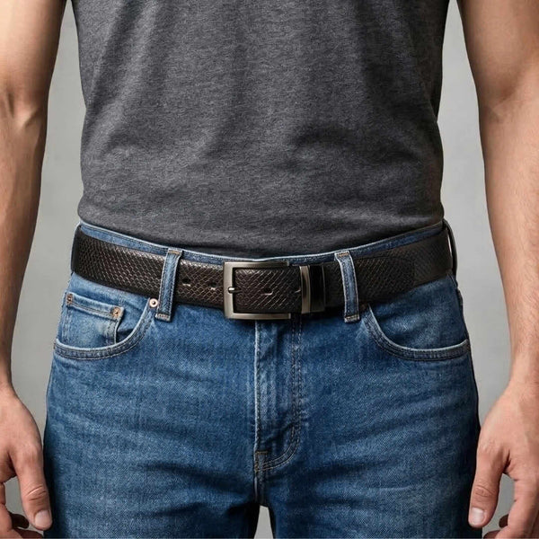 Mens 100% Genuine Leather Belt - STYLON Fine Grain Finish (Black & Brown Reversible)