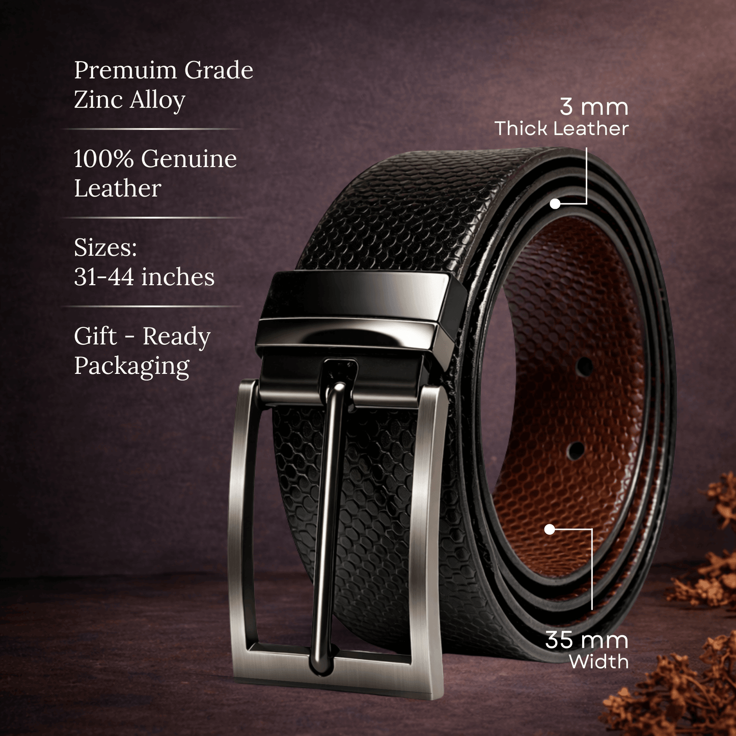 Mens 100% Genuine Leather Belt - STYLON Fine Grain Finish (Black & Brown Reversible) — Leather Belts for Men | THE MEN THING