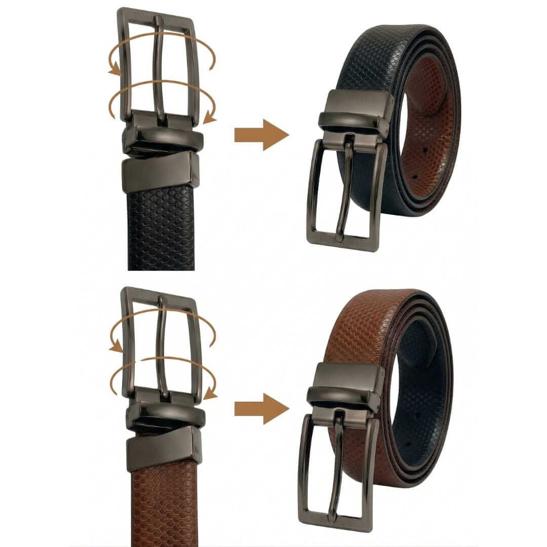 Mens 100% Genuine Leather Belt - STYLON Fine Grain Finish (Black & Brown Reversible) — Leather Belts for Men | THE MEN THING