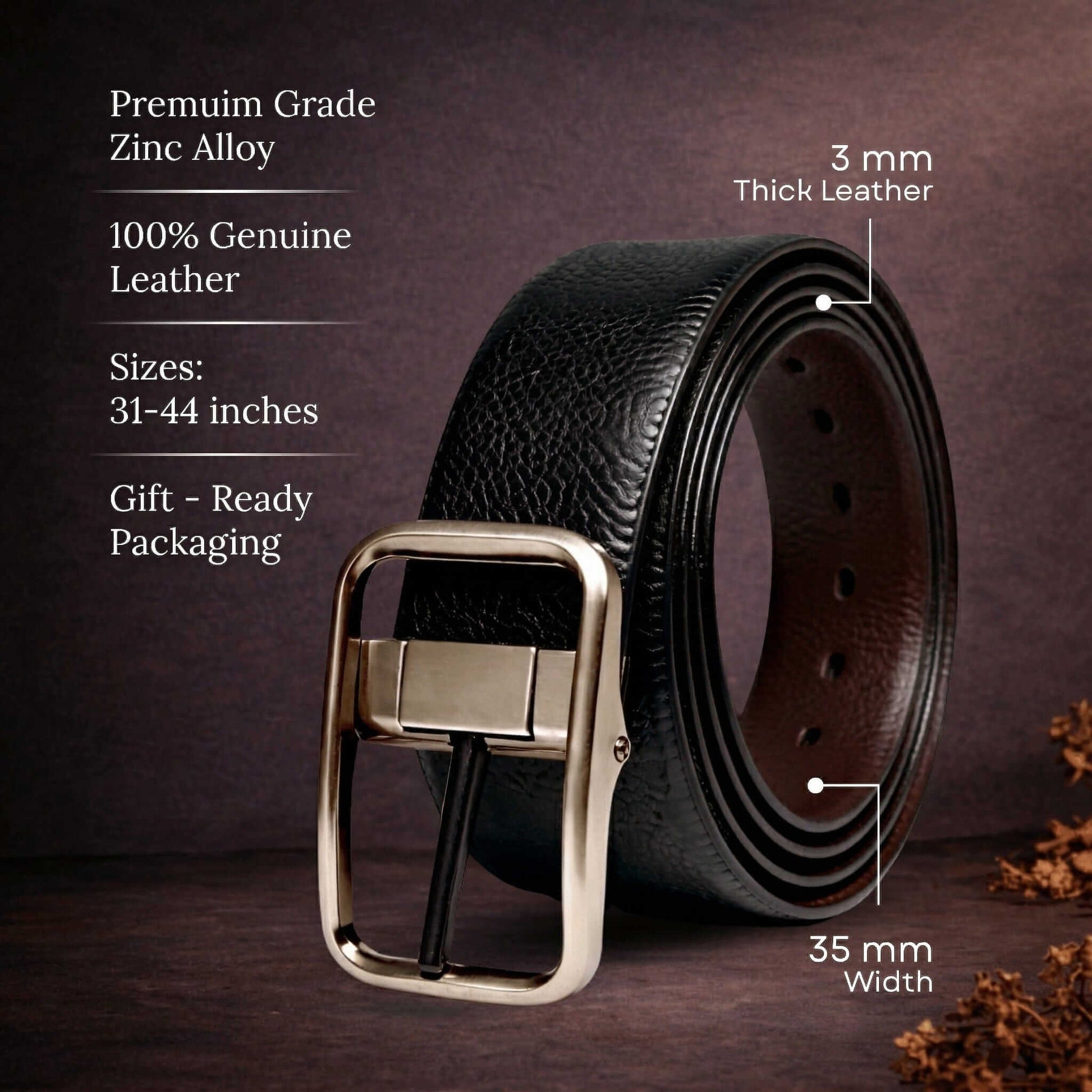 Mens 100% Genuine Leather Belt - TANERO Lizard Emboss (Black & Brown Reversible) — Leather Belts for Men | THE MEN THING