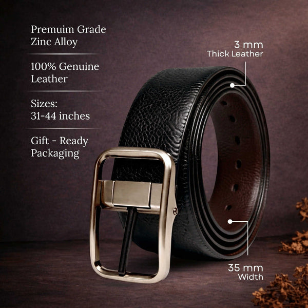 Mens 100% Genuine Leather Belt - TANERO Lizard Emboss (Black & Brown Reversible)
