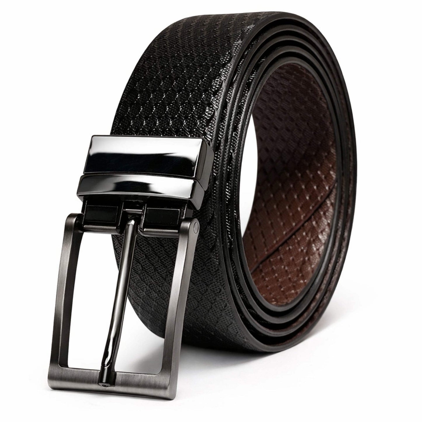 Mens 100% Genuine Leather Belt - TEXAURA Diamond Check Emboss (Black & Brown Reversible) — Leather Belts for Men | THE MEN THING