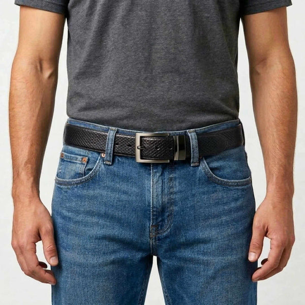 Mens 100% Genuine Leather Belt - TEXAURA Diamond Check Emboss (Black & Brown Reversible)