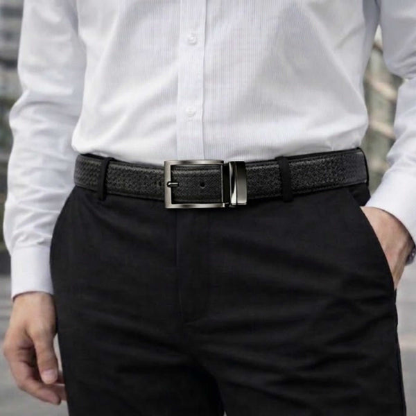 Mens 100% Genuine Leather Belt - TEXAURA Diamond Check Emboss (Black & Brown Reversible)
