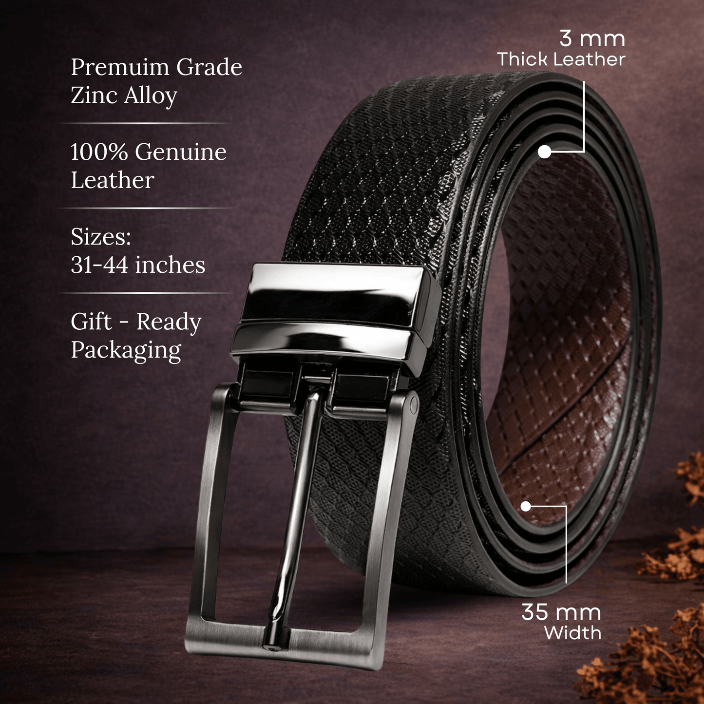 Mens 100% Genuine Leather Belt - TEXAURA Diamond Check Emboss (Black & Brown Reversible) — Leather Belts for Men | THE MEN THING