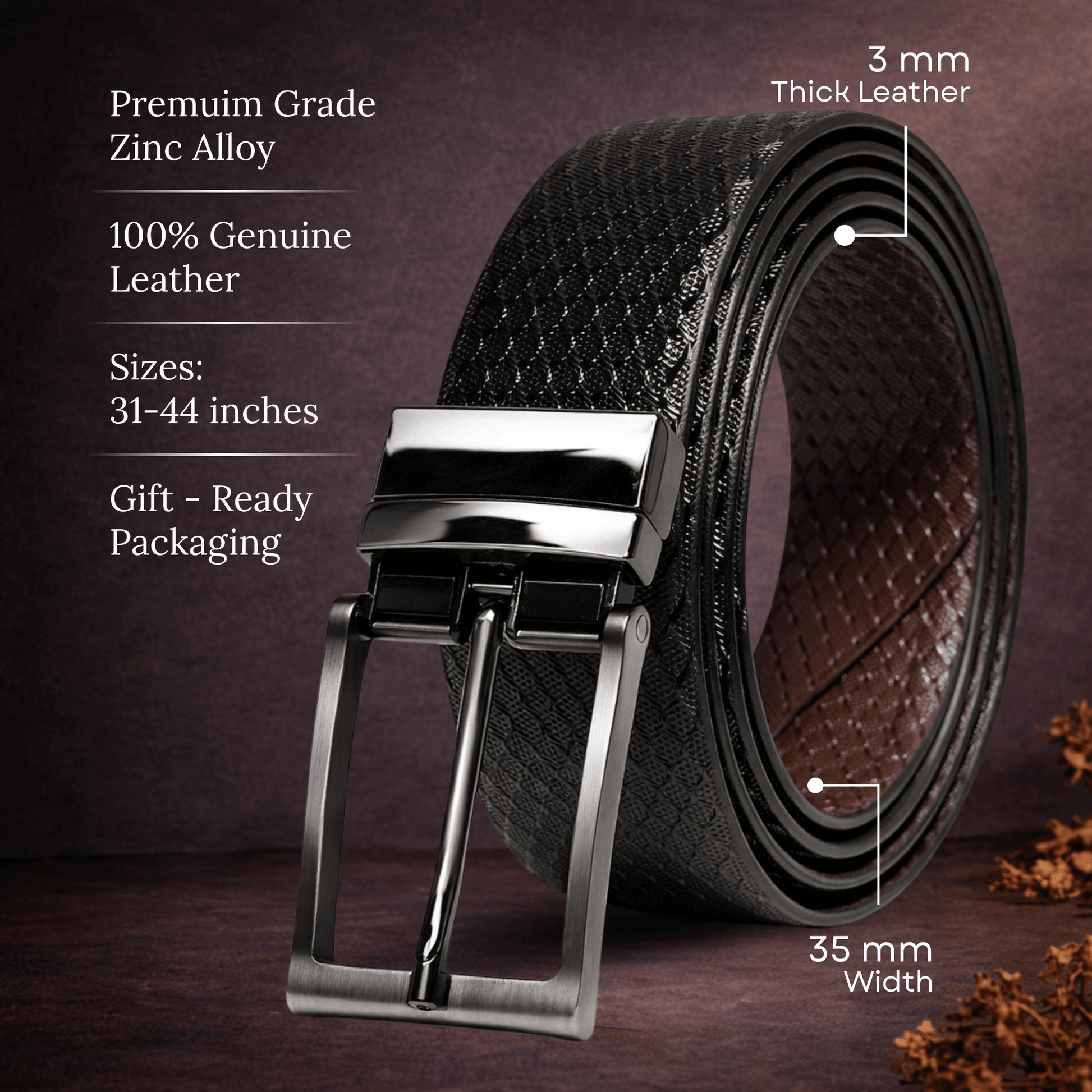 Mens 100% Genuine Leather Belt - TEXAURA Diamond Check Emboss (Black & Brown Reversible) — Leather Belts for Men | THE MEN THING