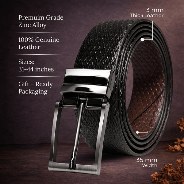 Mens 100% Genuine Leather Belt - TEXAURA Diamond Check Emboss (Black & Brown Reversible)