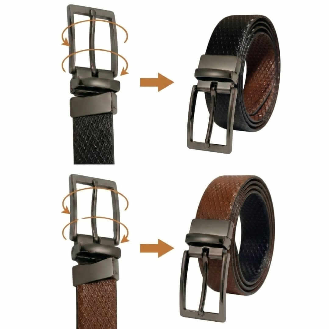 Mens 100% Genuine Leather Belt - TEXAURA Diamond Check Emboss (Black & Brown Reversible) — Leather Belts for Men | THE MEN THING