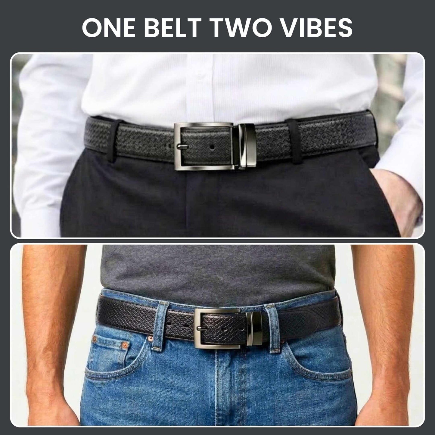 Mens 100% Genuine Leather Belt - TEXAURA Diamond Check Emboss (Black & Brown Reversible) — Leather Belts for Men | THE MEN THING