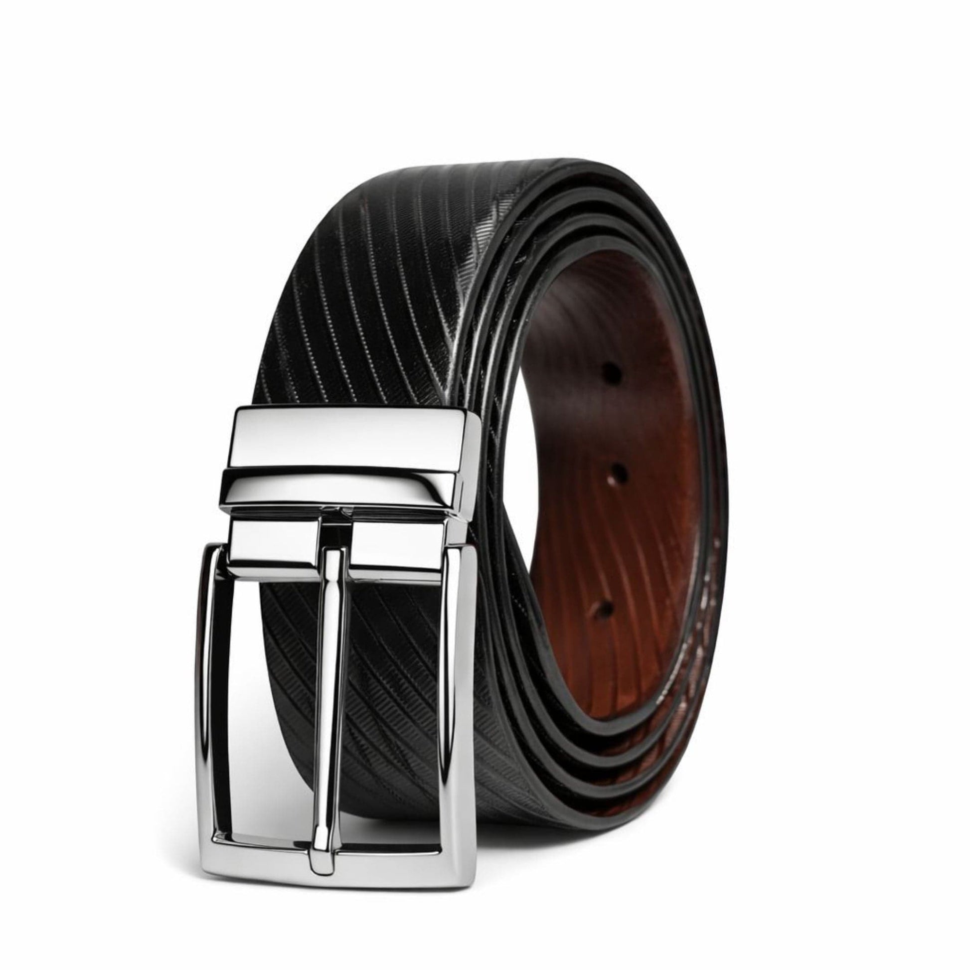 Mens 100% Genuine Leather Belt - TEXLOR Diagonal Pinstripe (Black & Brown Reversible) — Leather Belts for Men | THE MEN THING