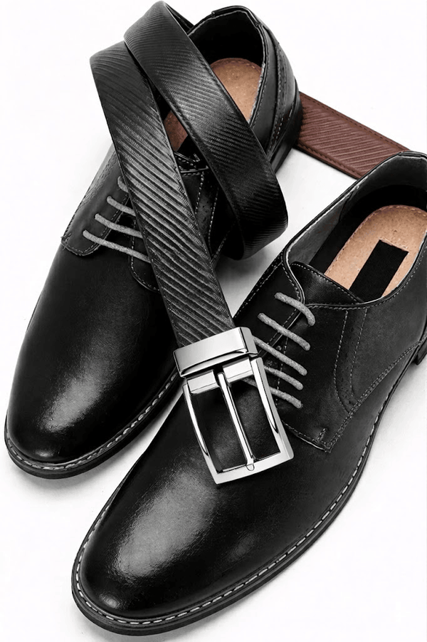 Mens 100% Genuine Leather Belt - TEXLOR Diagonal Pinstripe (Black & Brown Reversible)