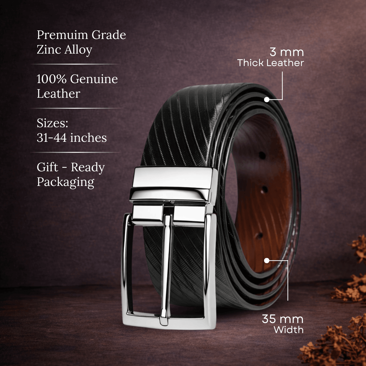 Mens 100% Genuine Leather Belt - TEXLOR Diagonal Pinstripe (Black & Brown Reversible) — Leather Belts for Men | THE MEN THING