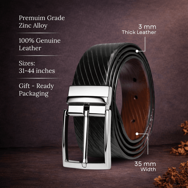 Mens 100% Genuine Leather Belt - TEXLOR Diagonal Pinstripe (Black & Brown Reversible)