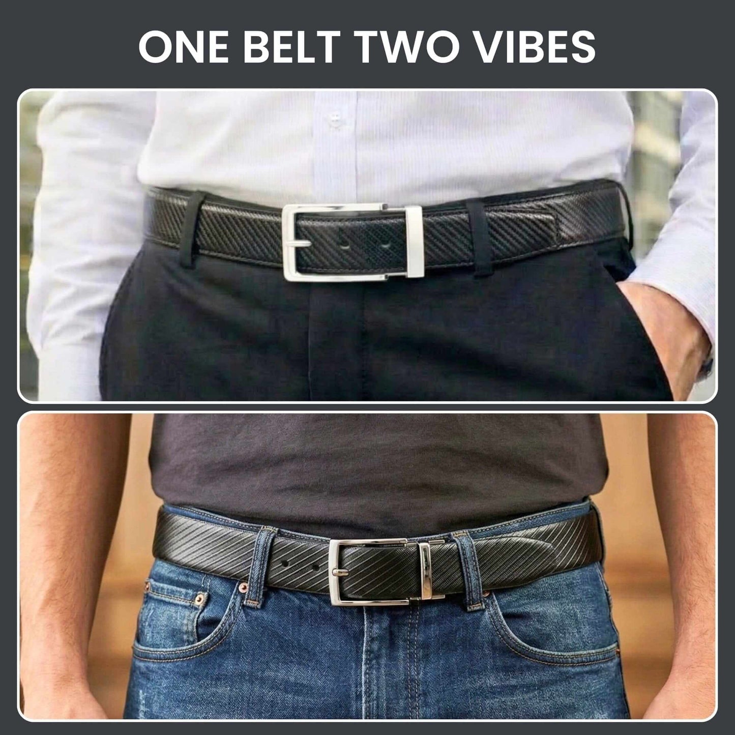 Mens 100% Genuine Leather Belt - TEXLOR Diagonal Pinstripe (Black & Brown Reversible) — Leather Belts for Men | THE MEN THING