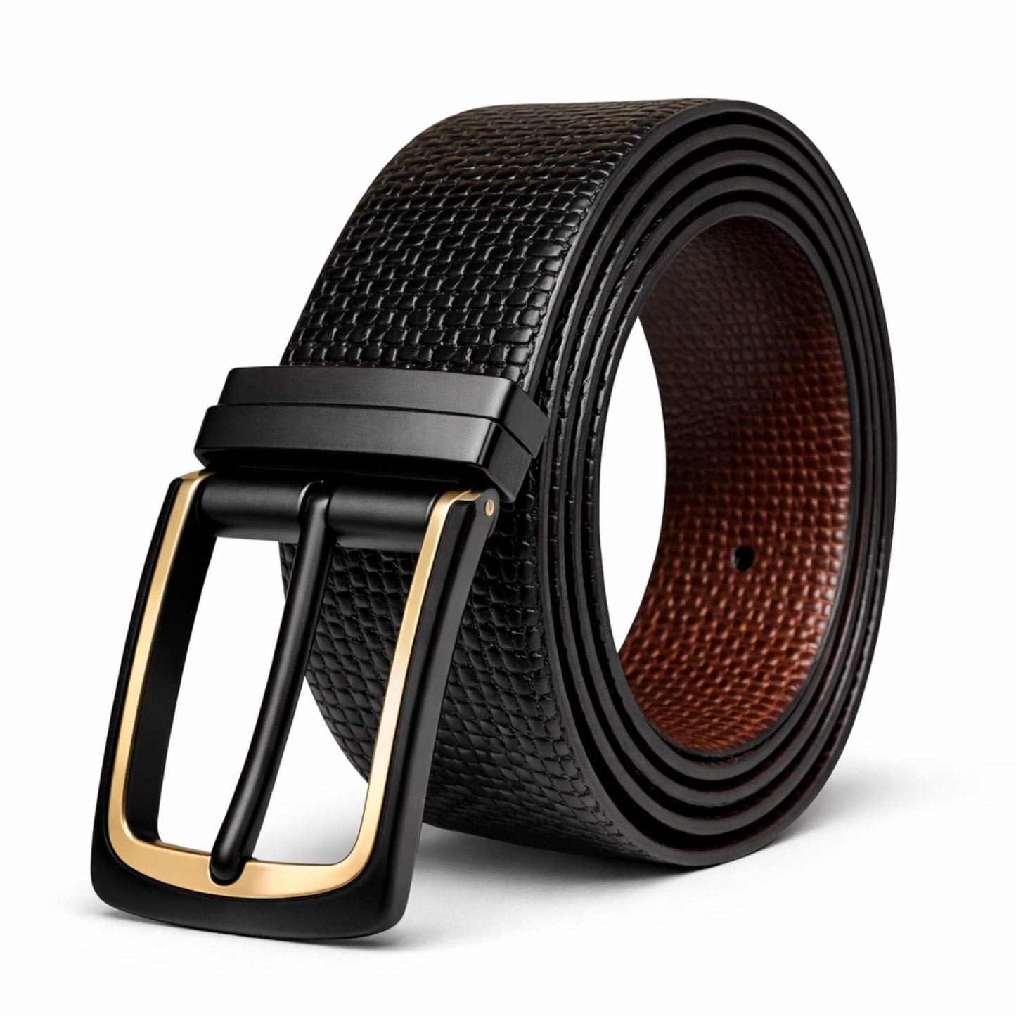Mens 100% Genuine Leather Belt - TEXTURON Woven Grid Emboss (Black & Brown Reversible) — Leather Belts for Men | THE MEN THING