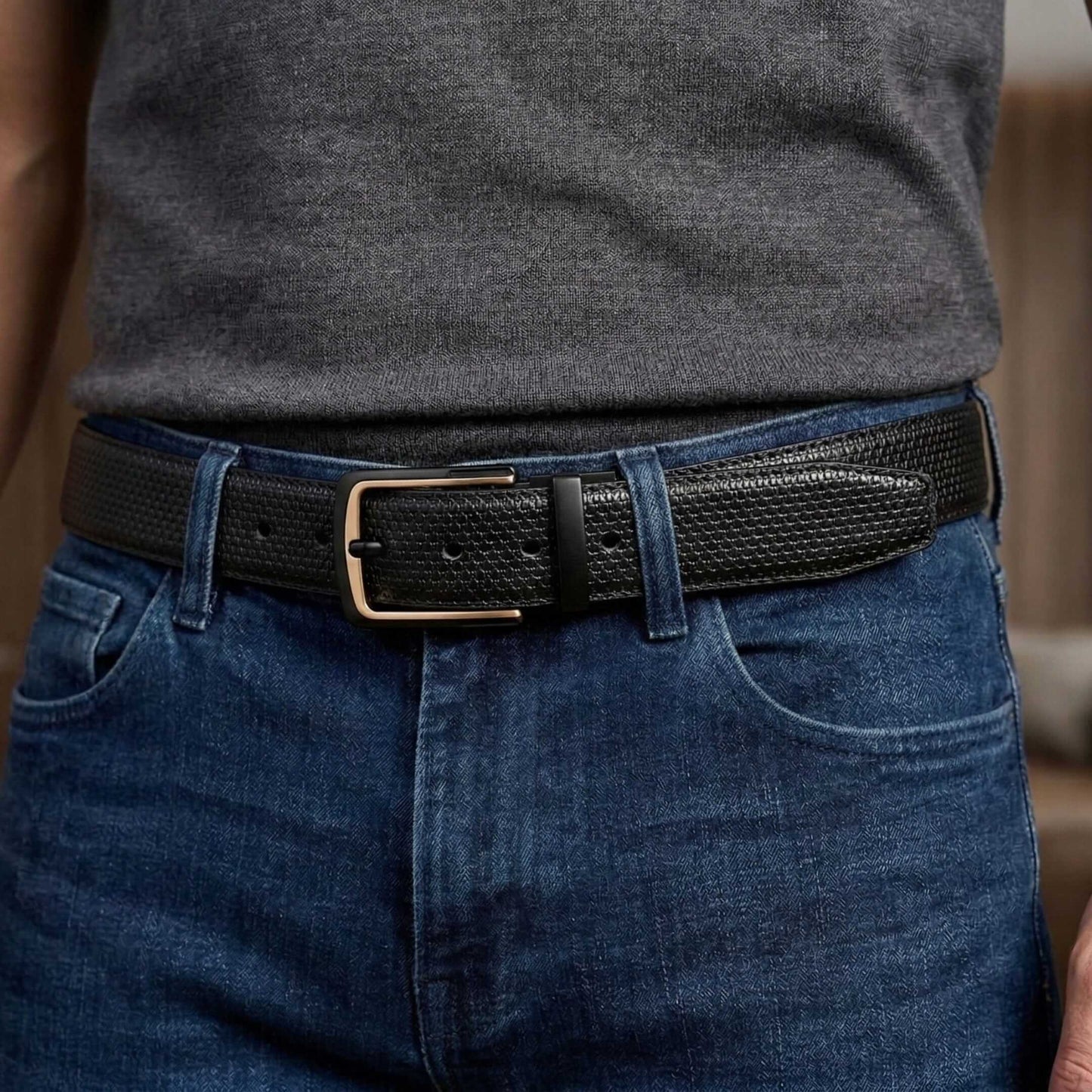 Mens 100% Genuine Leather Belt - TEXTURON Woven Grid Emboss (Black & Brown Reversible) — Leather Belts for Men | THE MEN THING