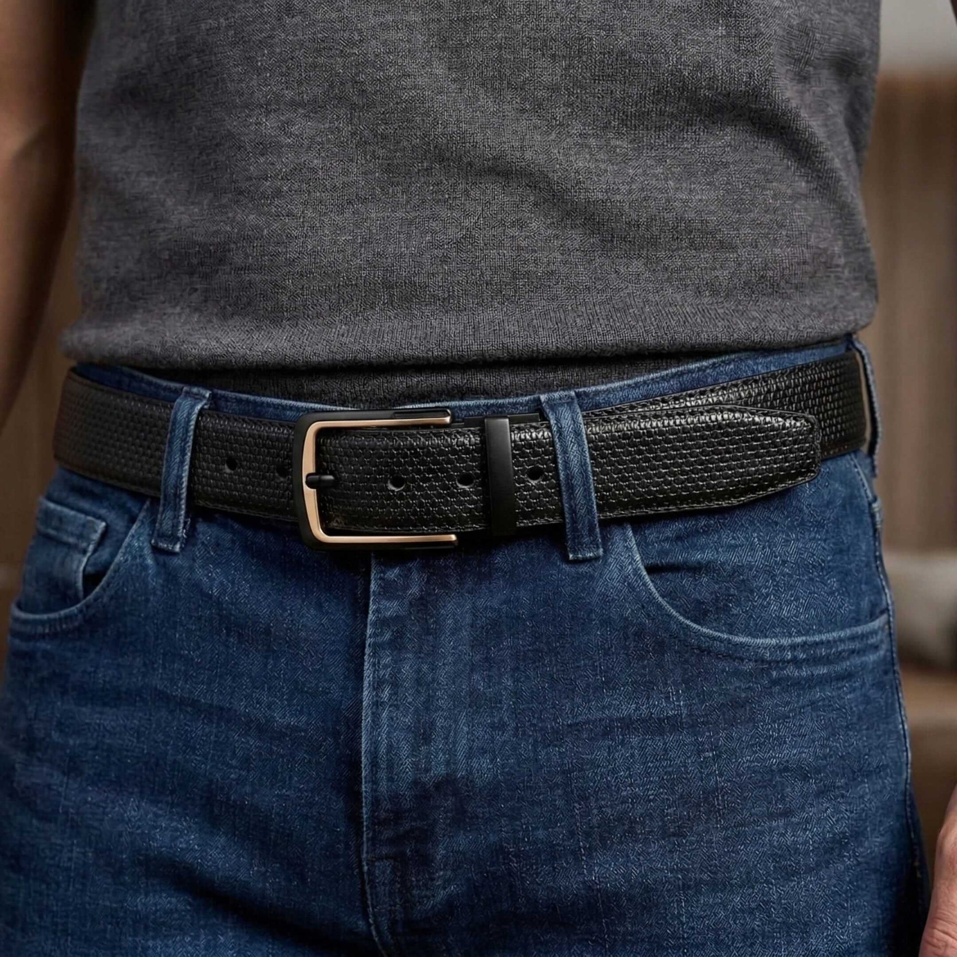 Mens 100% Genuine Leather Belt - TEXTURON Woven Grid Emboss (Black & Brown Reversible) — Leather Belts for Men | THE MEN THING