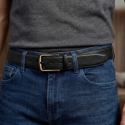 Mens 100% Genuine Leather Belt - TEXTURON Woven Grid Emboss (Black & Brown Reversible) — Leather Belts for Men | THE MEN THING