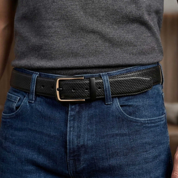 Mens 100% Genuine Leather Belt - TEXTURON Woven Grid Emboss (Black & Brown Reversible)