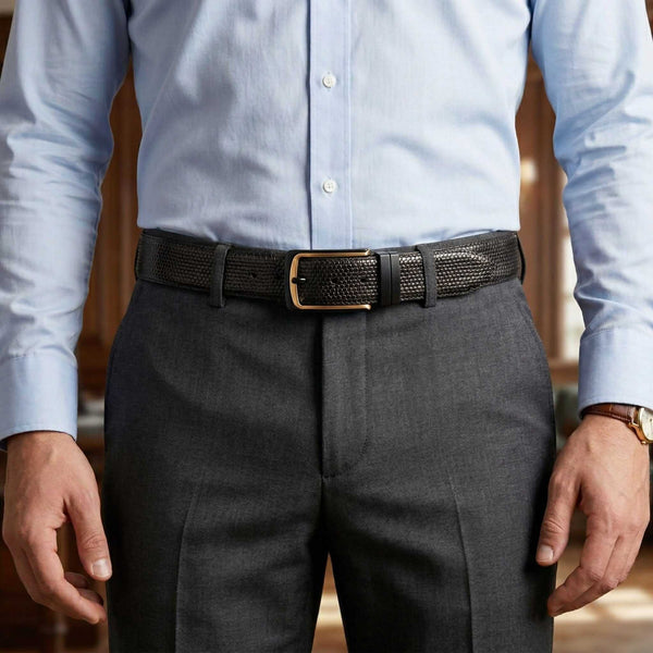 Mens 100% Genuine Leather Belt - TEXTURON Woven Grid Emboss (Black & Brown Reversible)