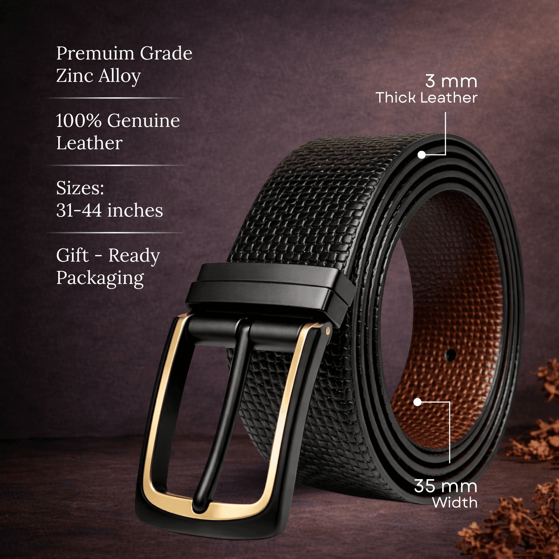 Mens 100% Genuine Leather Belt - TEXTURON Woven Grid Emboss (Black & Brown Reversible) — Leather Belts for Men | THE MEN THING