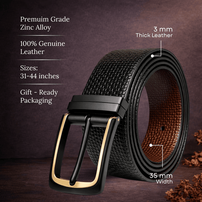 Mens 100% Genuine Leather Belt - TEXTURON Woven Grid Emboss (Black & Brown Reversible) — Leather Belts for Men | THE MEN THING