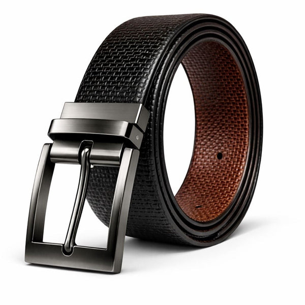 Mens 100% Genuine Leather Belt - TORVEX Basket Weave Emboss (Black & Brown Reversible)