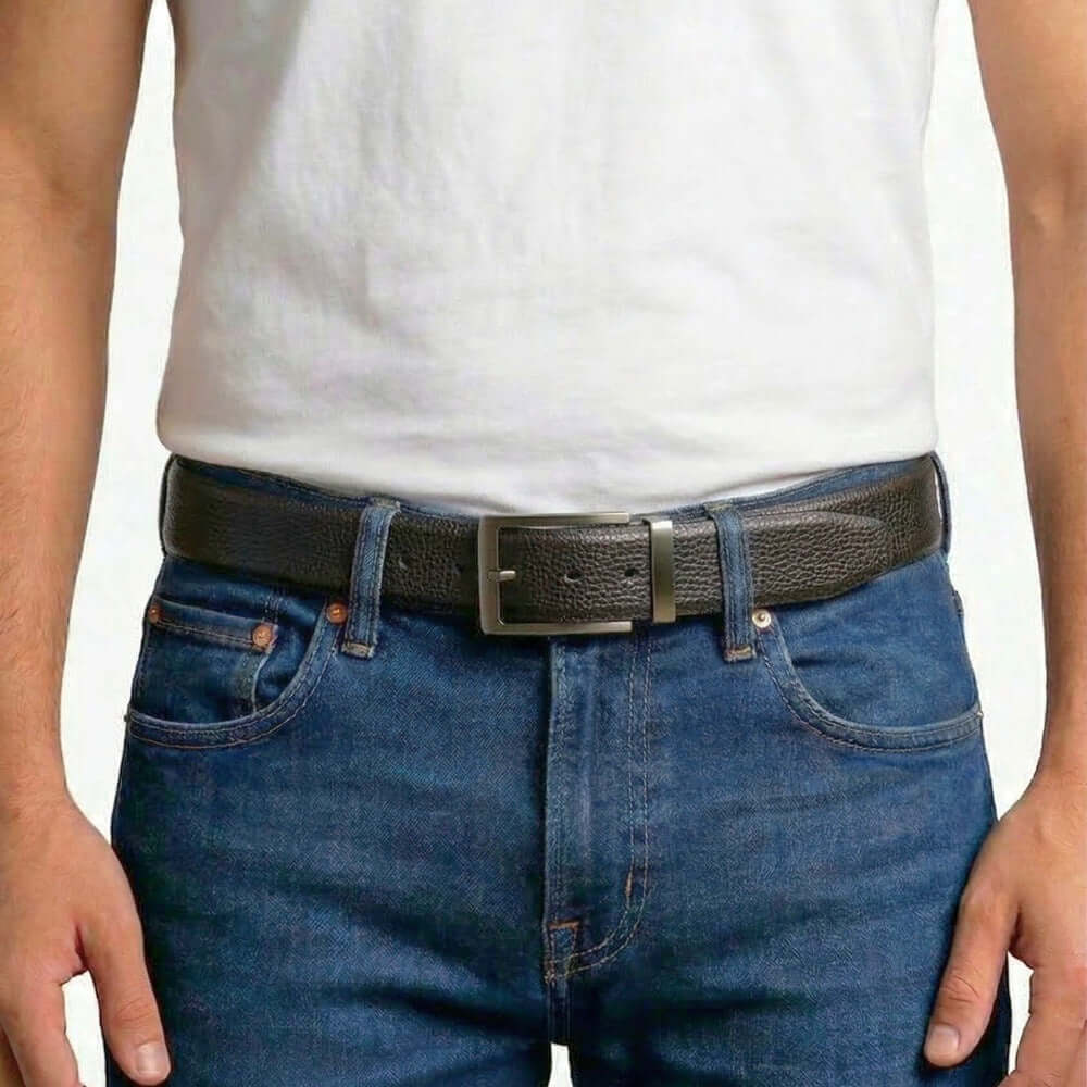 Mens 100% Genuine Leather Belt - TORZEN Fine Grid Texture (Black & Brown Reversible) — Leather Belts for Men | THE MEN THING