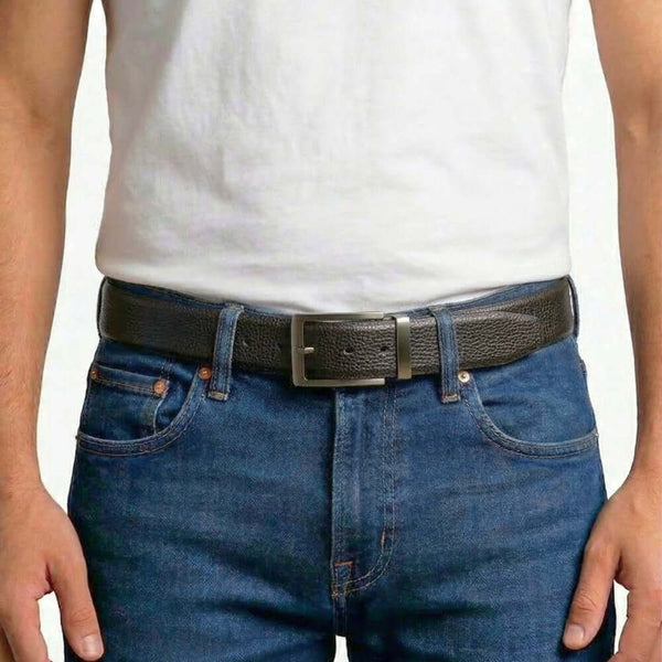 Mens 100% Genuine Leather Belt - TORZEN Fine Grid Texture (Black & Brown Reversible)