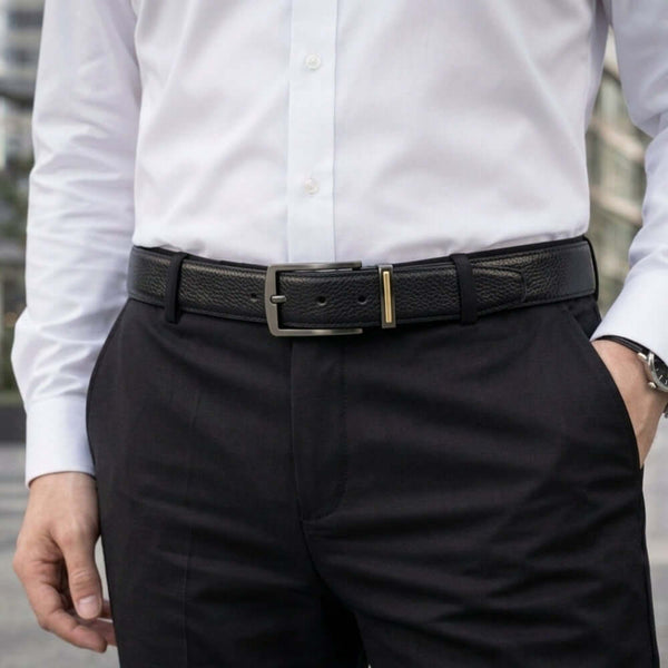 Mens 100% Genuine Leather Belt - TORZEN Fine Grid Texture (Black & Brown Reversible)