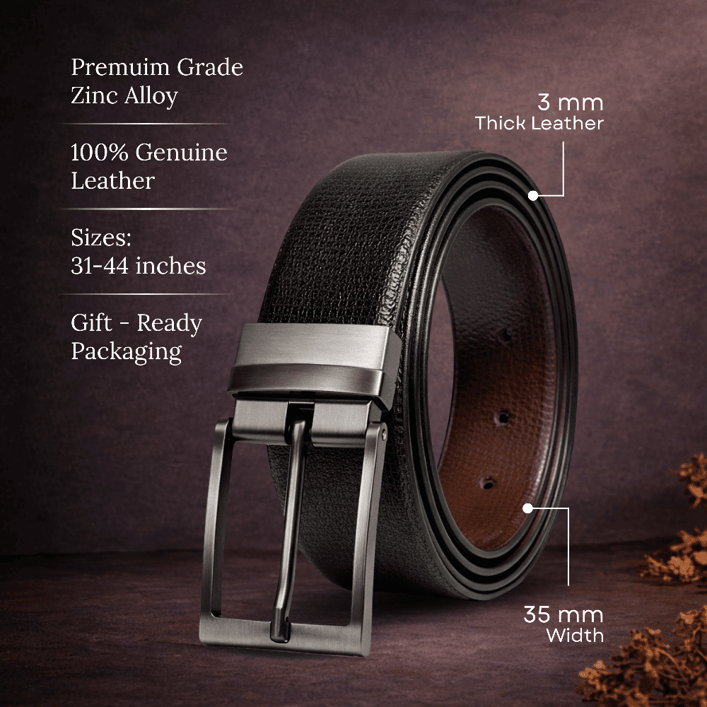 Mens 100% Genuine Leather Belt - TORZEN Fine Grid Texture (Black & Brown Reversible) — Leather Belts for Men | THE MEN THING