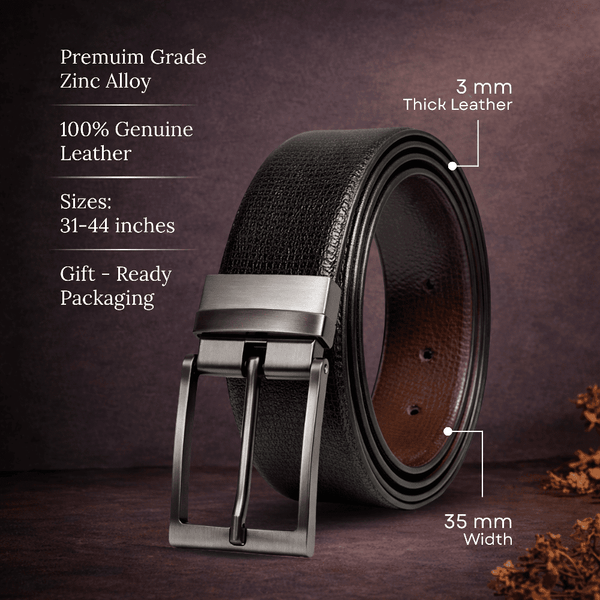 Mens 100% Genuine Leather Belt - TORZEN Fine Grid Texture (Black & Brown Reversible)
