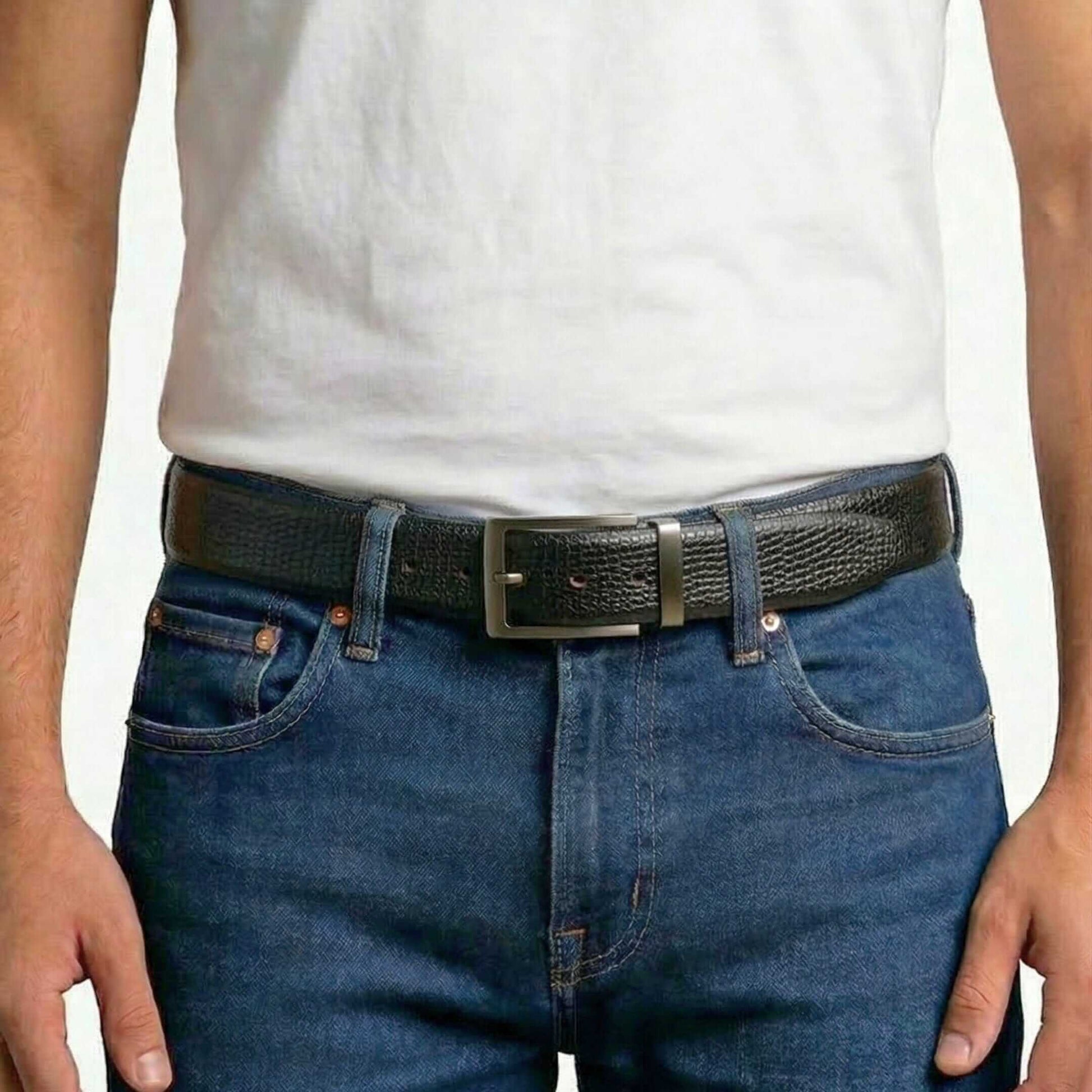 Mens 100% Genuine Leather Belt - VALTOR Dot Grid Emboss (Black & Brown Reversible) — Leather Belts for Men | THE MEN THING