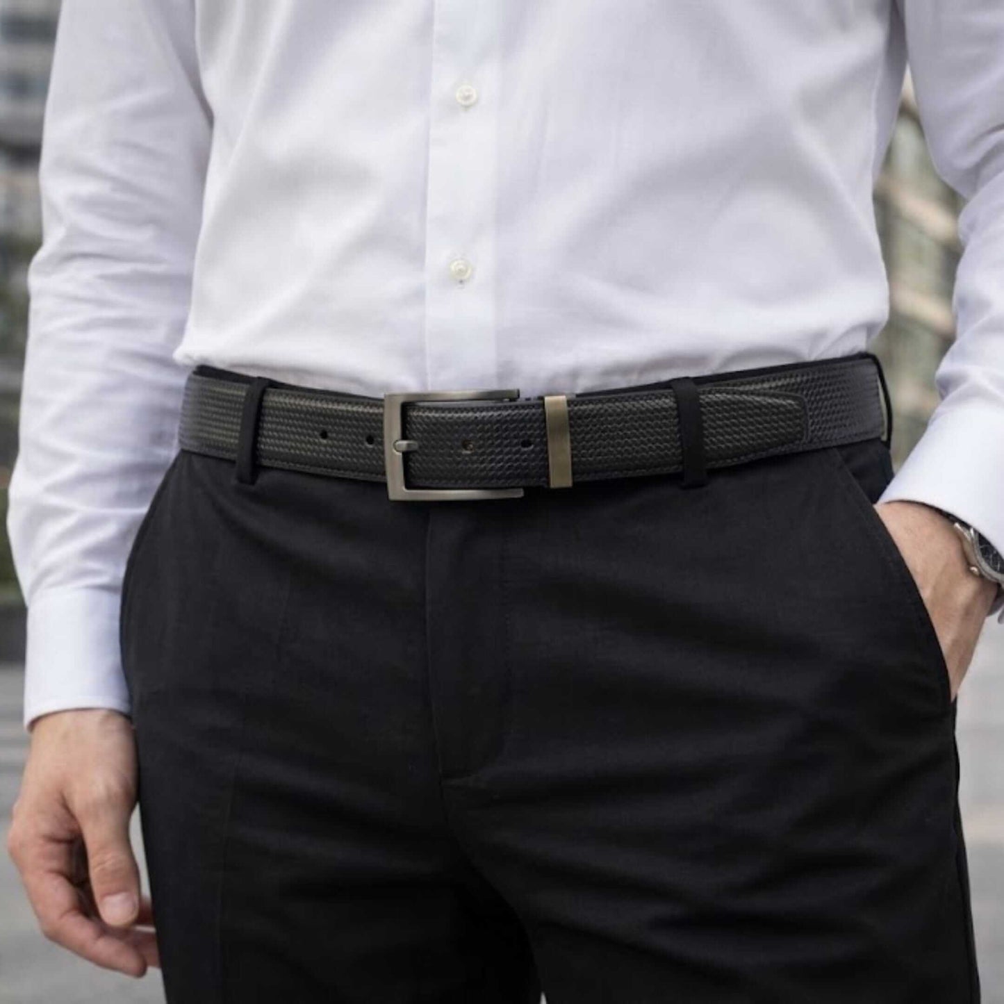 Mens 100% Genuine Leather Belt - VALTOR Dot Grid Emboss (Black & Brown Reversible) — Leather Belts for Men | THE MEN THING