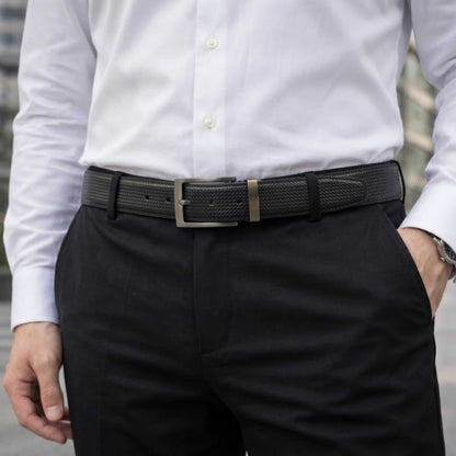 Mens 100% Genuine Leather Belt - VALTOR Dot Grid Emboss (Black & Brown Reversible) — Leather Belts for Men | THE MEN THING