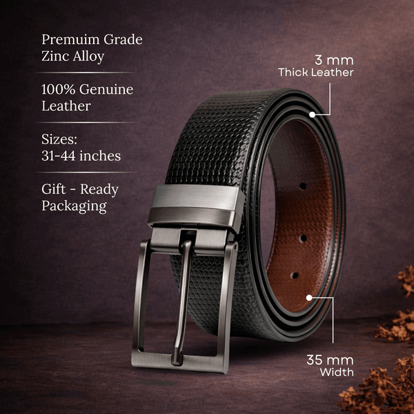 Mens 100% Genuine Leather Belt - VALTOR Dot Grid Emboss (Black & Brown Reversible)