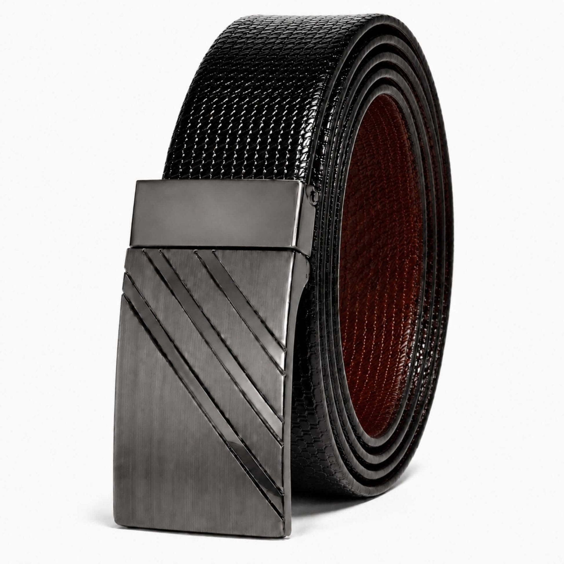 Mens 100% Genuine Leather Belt - VAREX Grid Emboss Plate (Black & Brown Reversible) — Leather Belts for Men | THE MEN THING