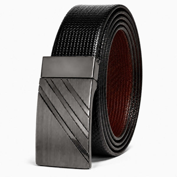 Mens 100% Genuine Leather Belt - VAREX Grid Emboss Plate (Black & Brown Reversible)