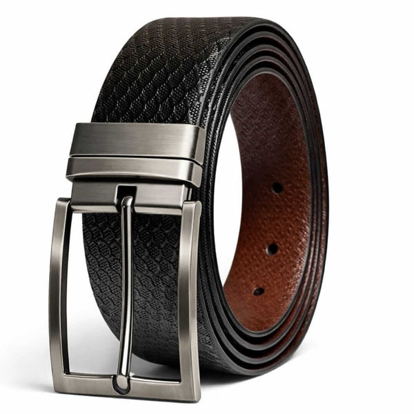 Mens 100% Genuine Leather Belt - VELIXO Diamond Grid Emboss (Black & Brown Reversible)