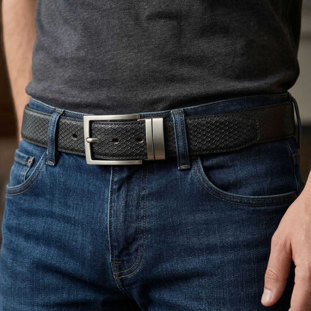 Mens 100% Genuine Leather Belt - VELIXO Diamond Grid Emboss (Black & Brown Reversible) — Leather Belts for Men | THE MEN THING